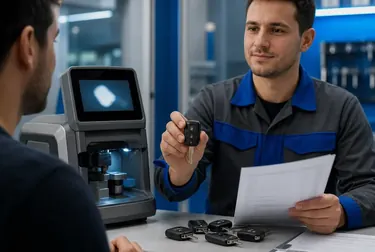 Máquina para confecção de chaves codificadas ao lado de um técnico.