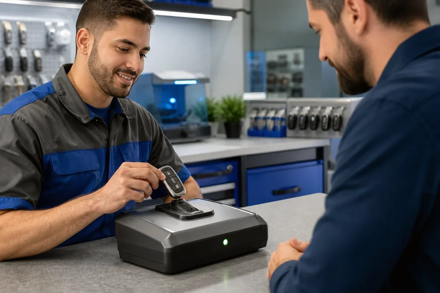 Técnico programando uma chave de controle automotivo.